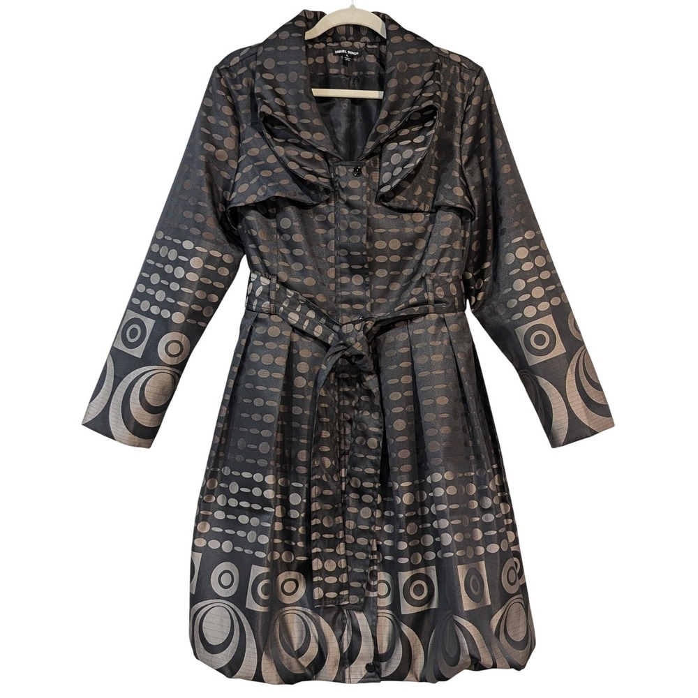 Samuel Dong Trench Coat XL Polyester Bronze Women Geometric Belted Bubble Hem